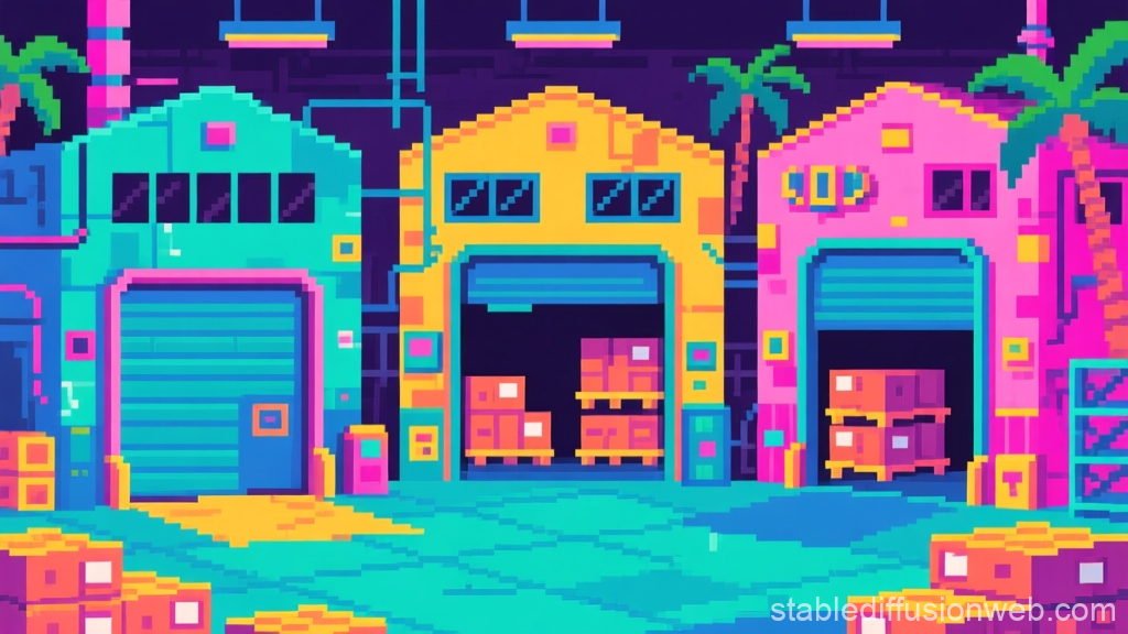 Colorful Pixel Art Warehouses with Palms
