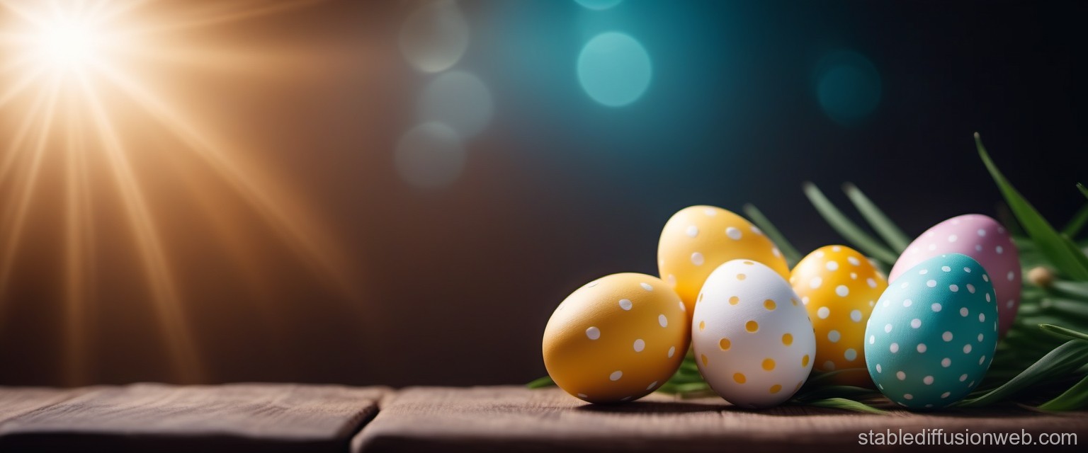 Colorful Polka Dot Easter Eggs on Wooden Surface with Sunlight