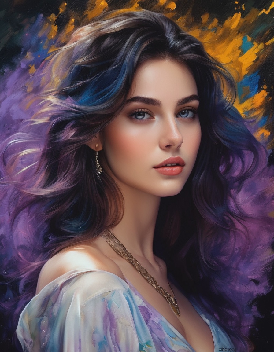 Colorful Portrait of a Beautiful Woman with Flowing Hair