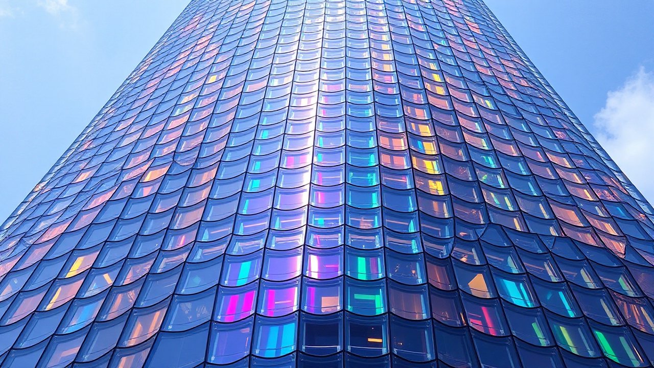 Colorful Reflections on a Modern Skyscraper Facade