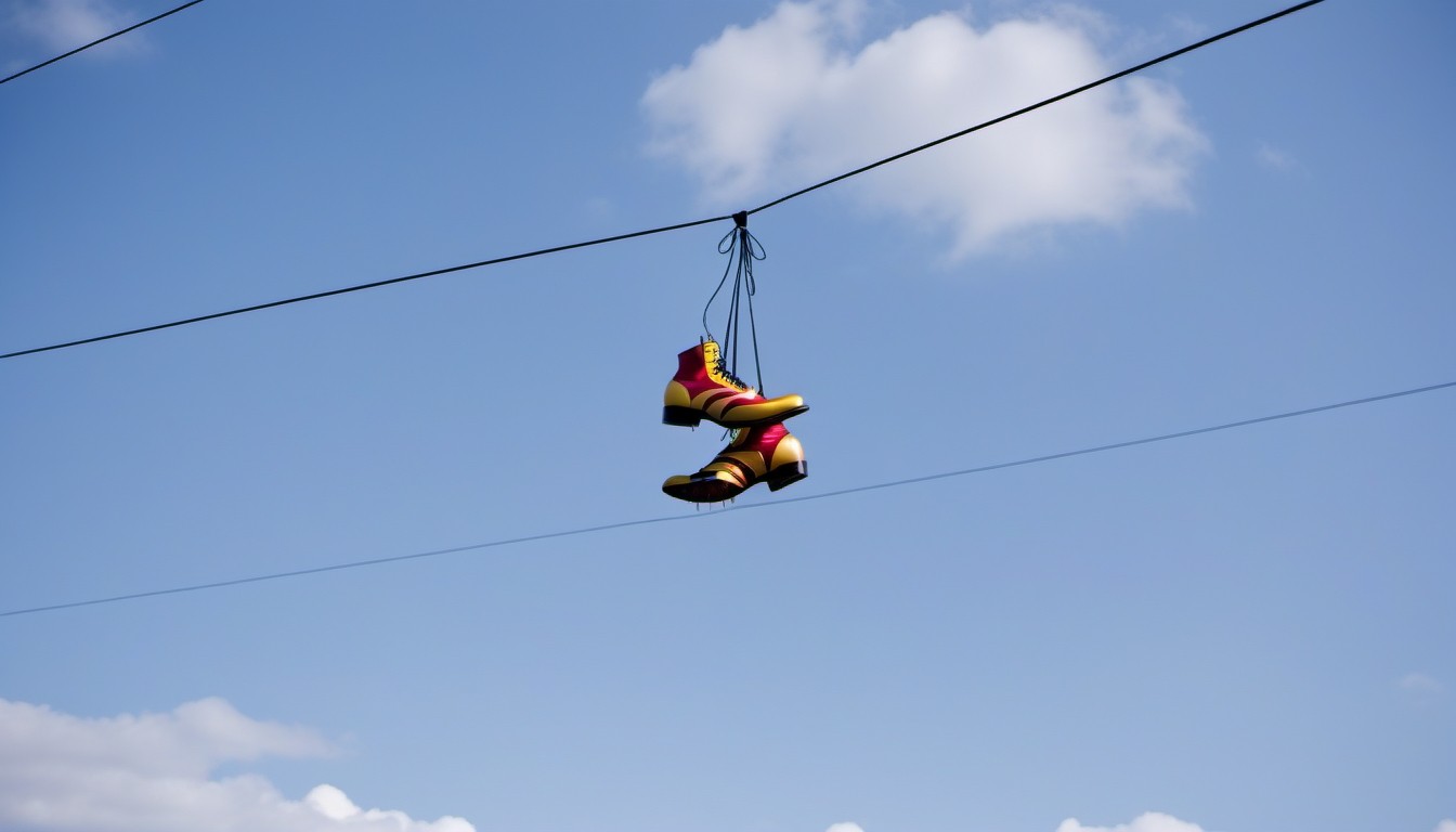 Colorful Shoes Hanging on Power Line Against Blue Sky