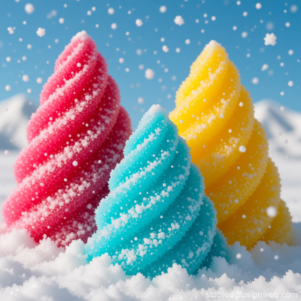 Colorful Snowy Twisted Ice Cream Cones in Winter Landscape