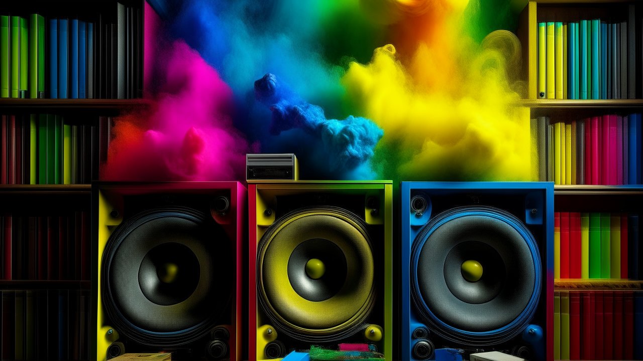 Colorful Speakers with Vibrant Smoke and Bookshelves