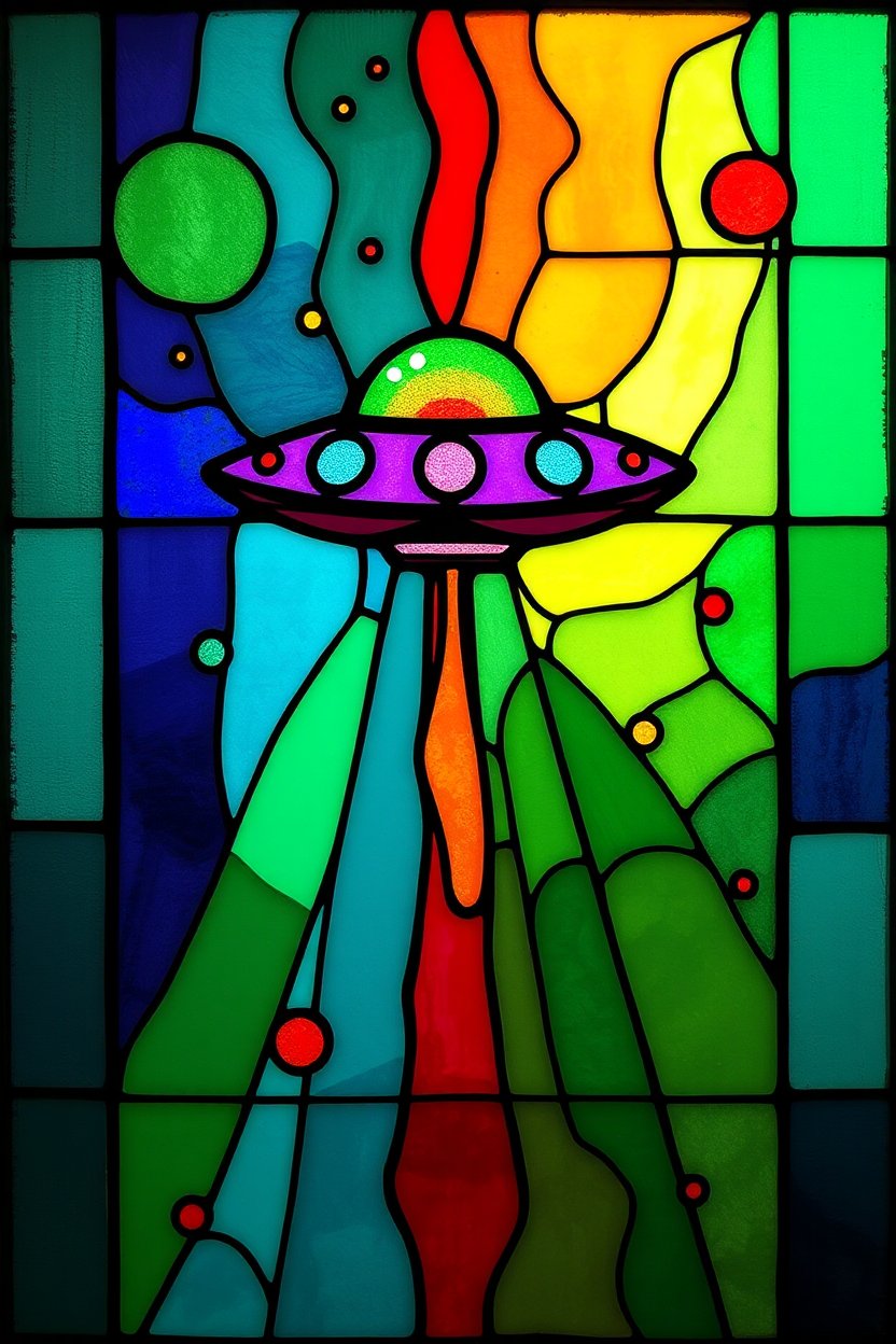 Colorful Stained Glass UFO with Psychedelic Abstract Background