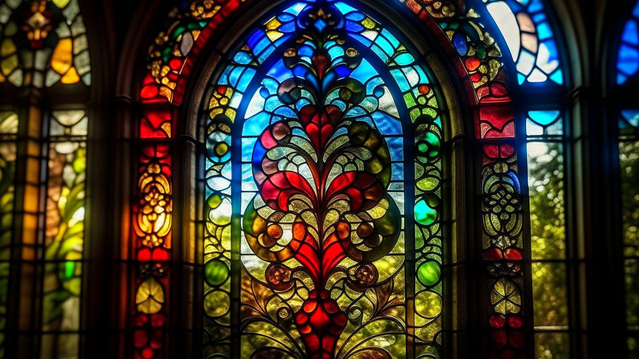 Colorful Stained Glass Window with Ornate Floral Design