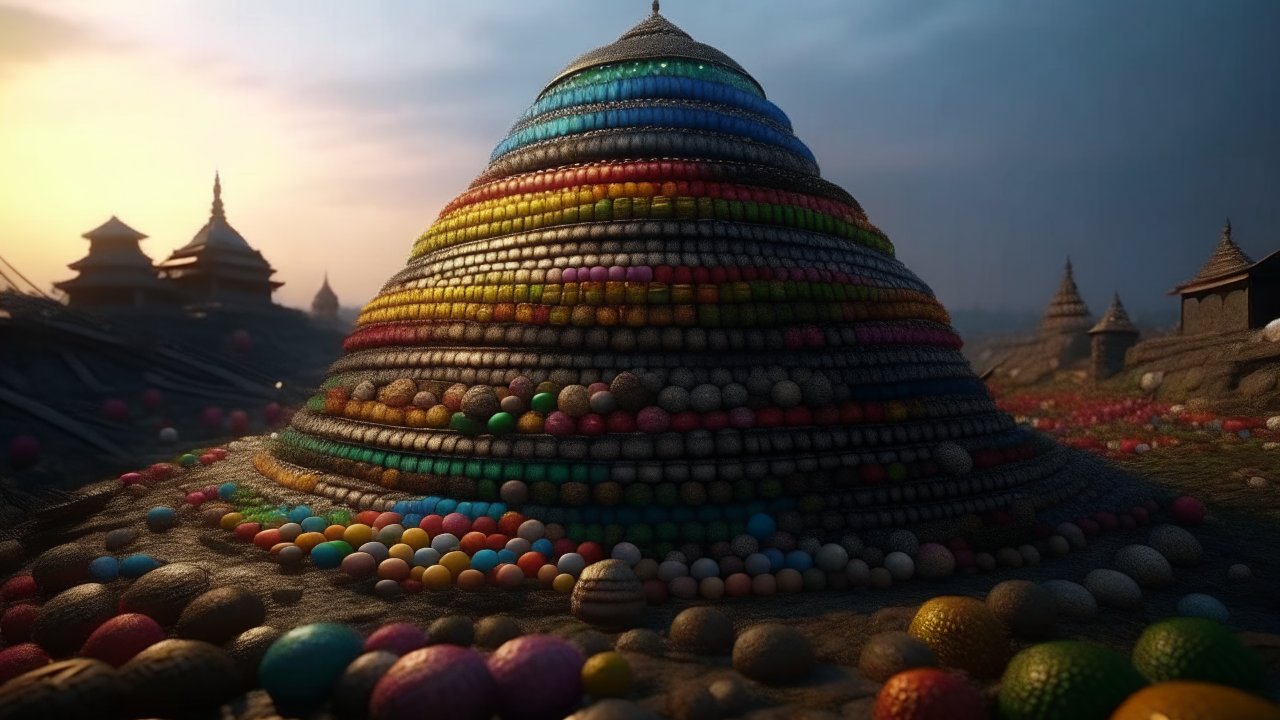 Colorful Stupa Made of Spherical Objects at Sunset