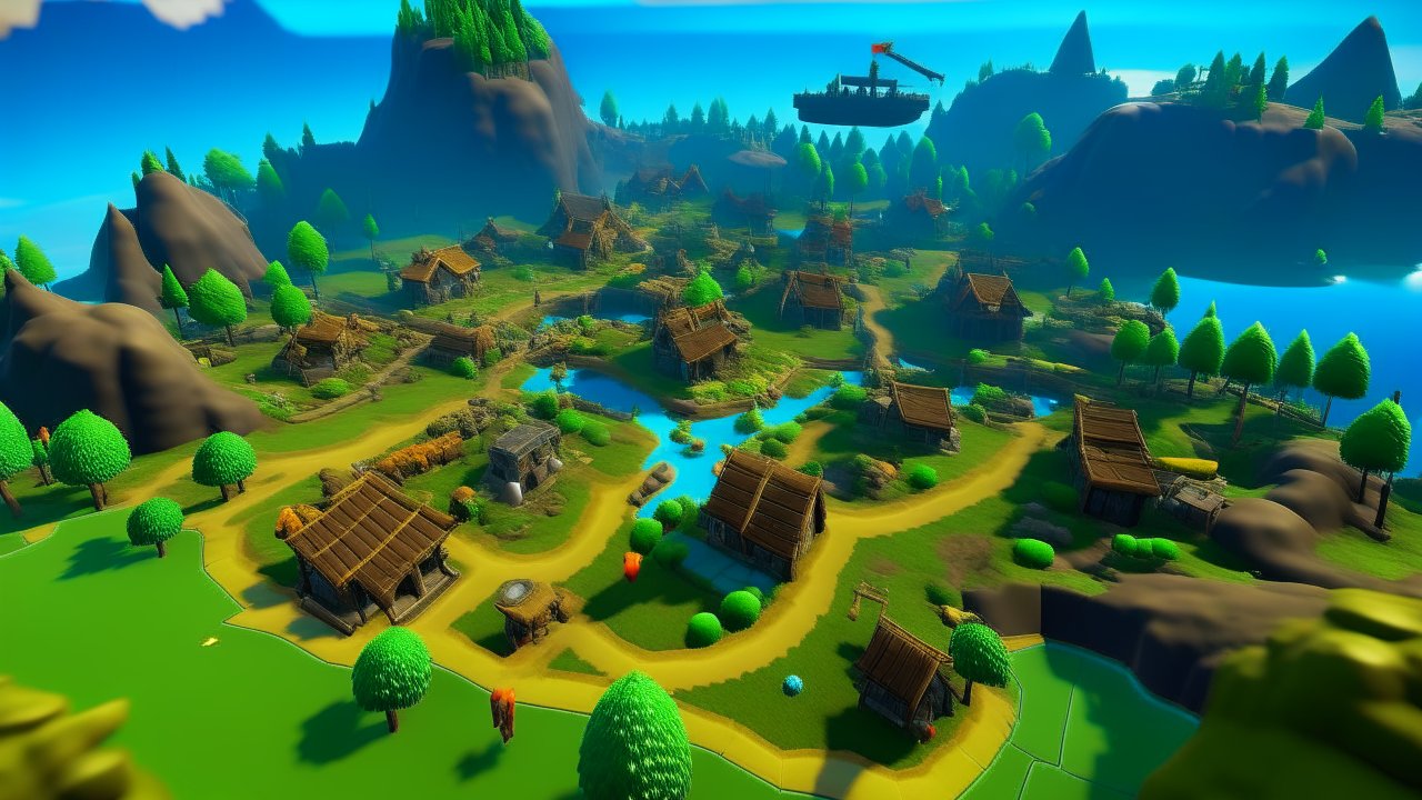 Colorful Stylized Village Landscape with Floating Ship