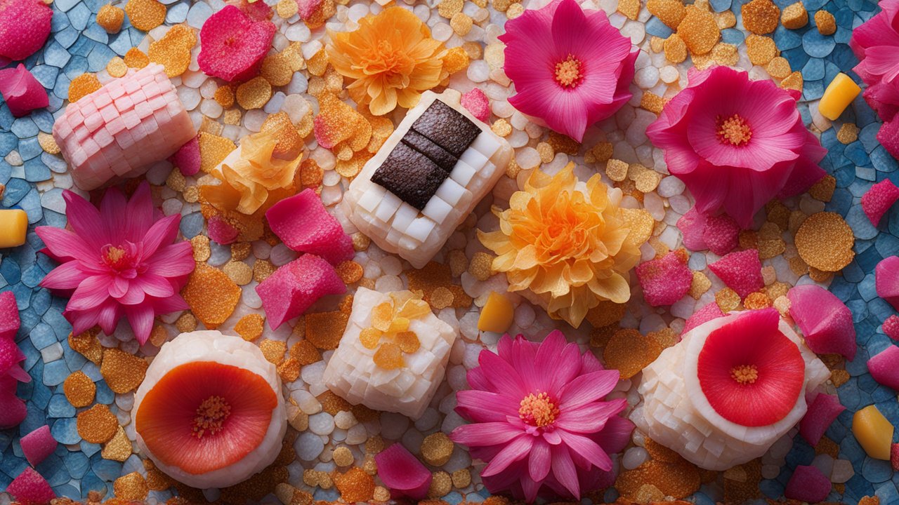 Colorful Sushi Platter with Floral Accents