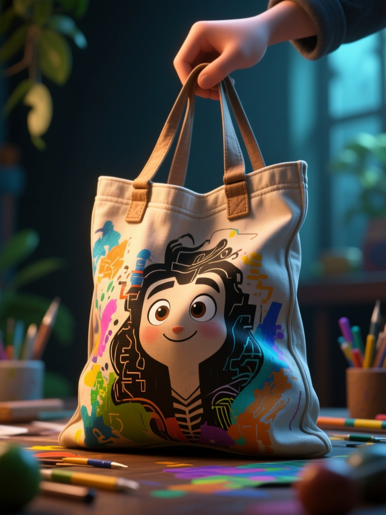 Colorful Tote Bag with Cartoon Character Design