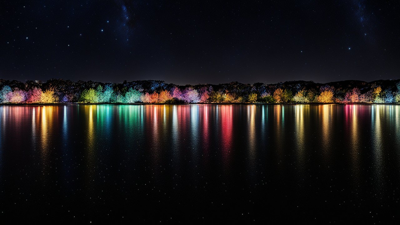 Colorful Trees Reflecting on a Lake Under a Starry Night Sky