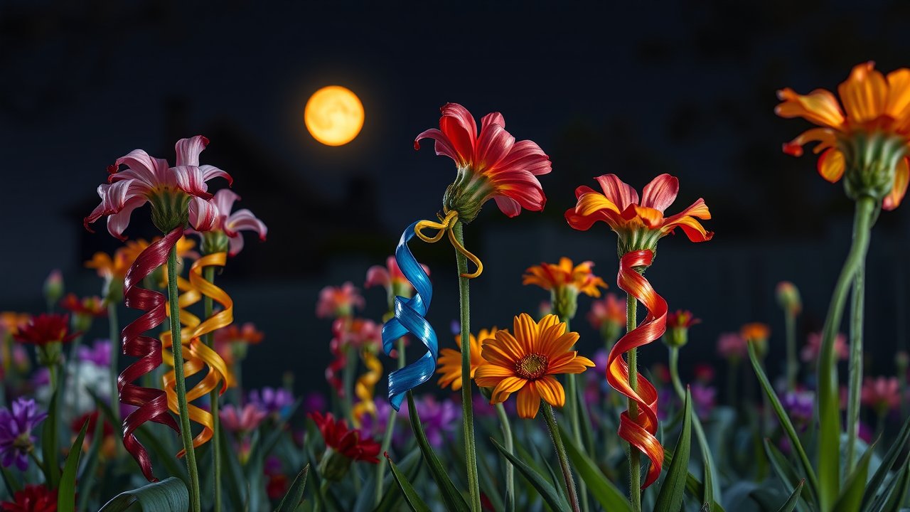 Colorful Twisting Flowers Under a Full Moon