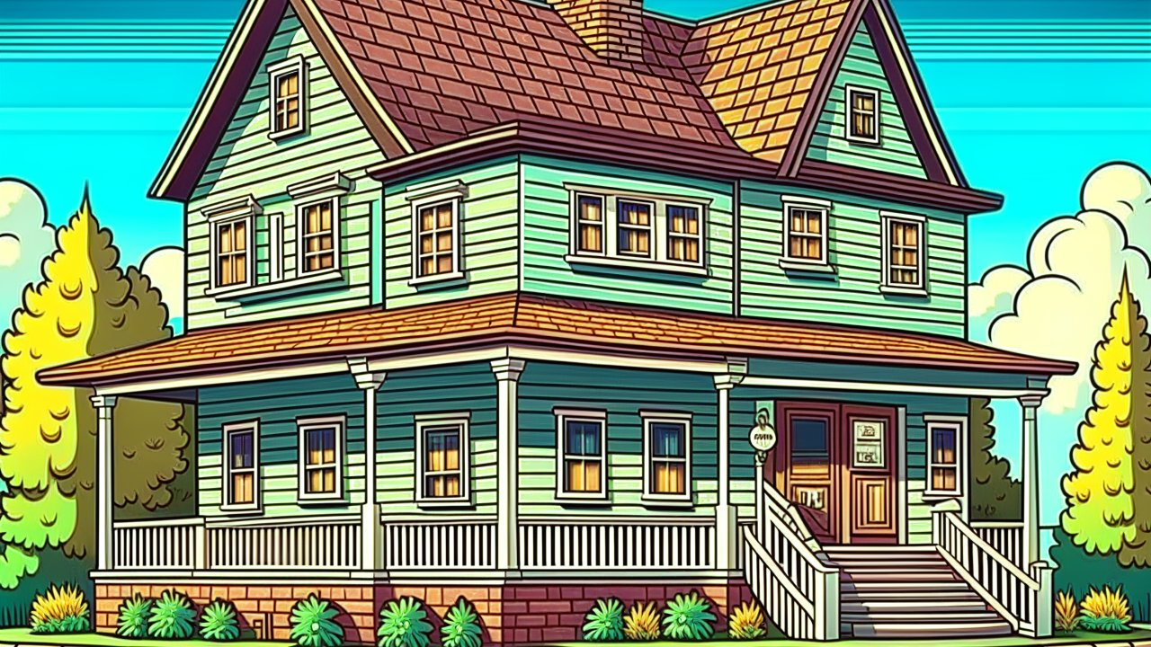 Colorful Two-Story Cartoon House with Porch
