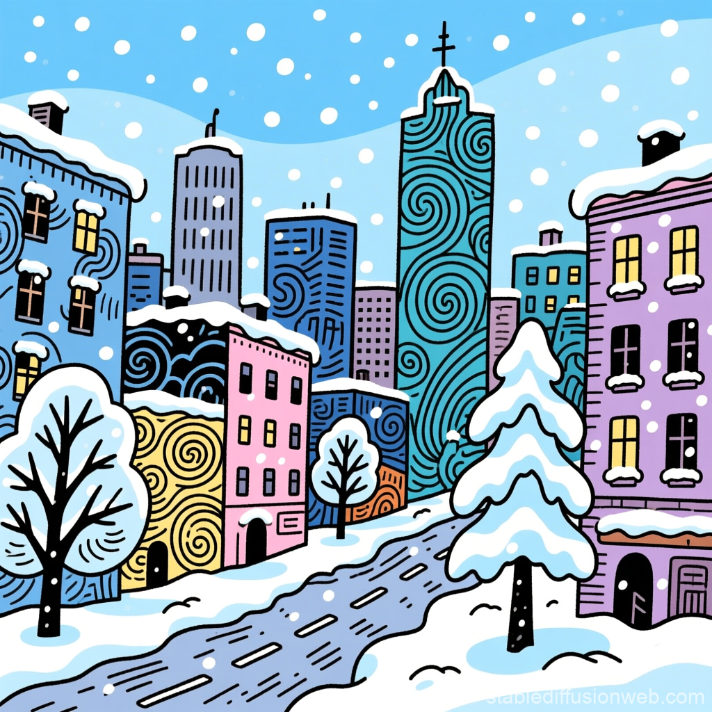 Colorful Urban Winter Scene with Snowfall