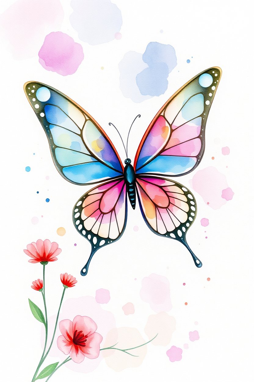 Colorful Watercolor Butterfly with Flowers