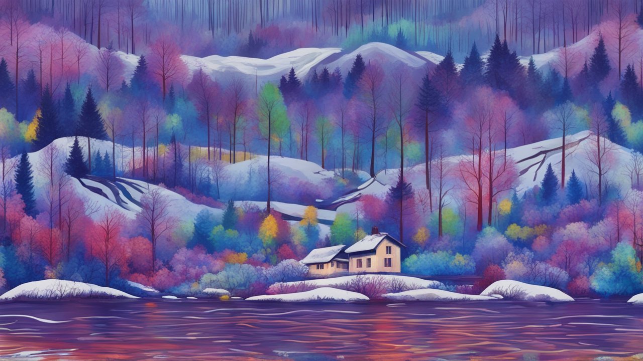 Colorful Winter Landscape with Snowy Cabin by the Lake