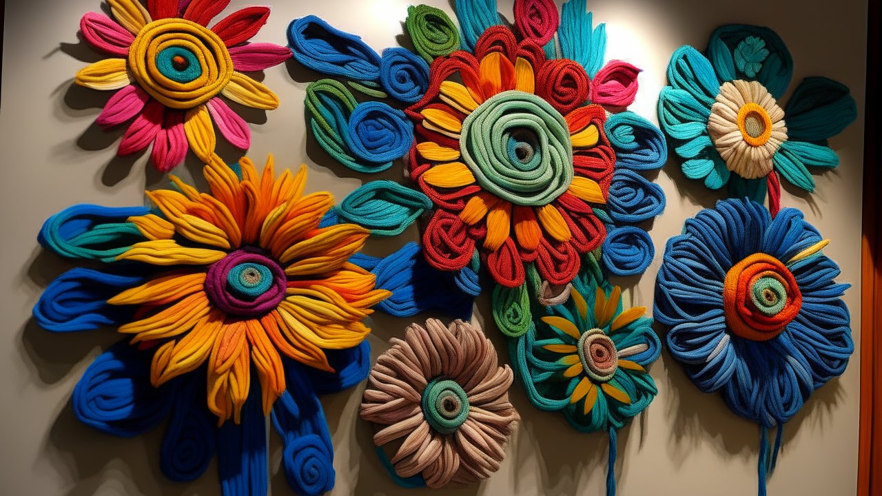 Colorful Yarn Flowers Wall Art Installation