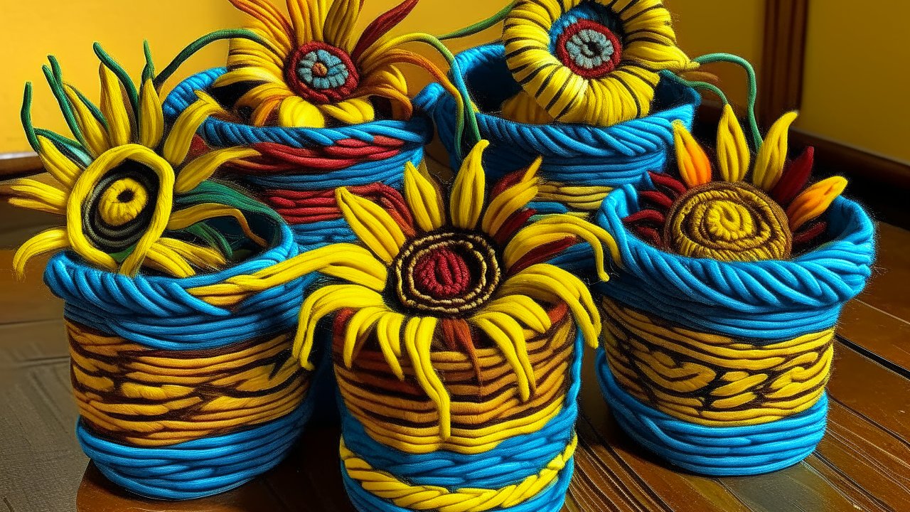 Colorful Yarn Sunflowers in Decorative Pots