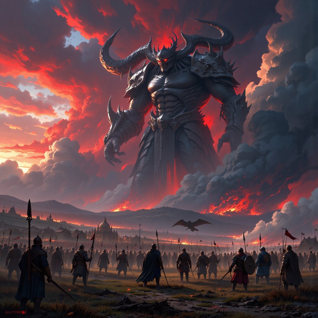 Colossal Demon Overlooking an Army Under a Blood Red Sky