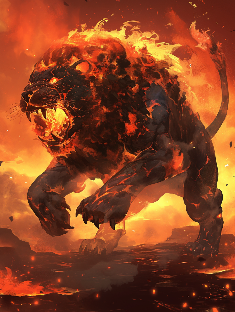 Colossal Fiery Lion Roaring Amidst Flames