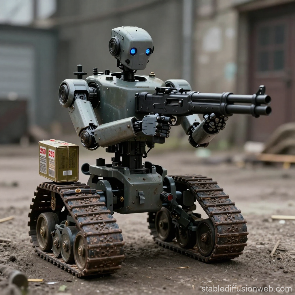Combat Robot with Tank Treads and Rifle in Urban Setting