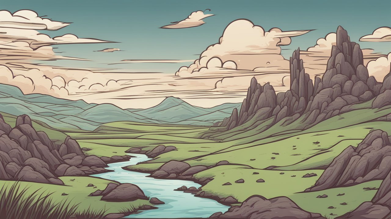 Comic Book Style Fantasy Landscape with River and Rocky Hills