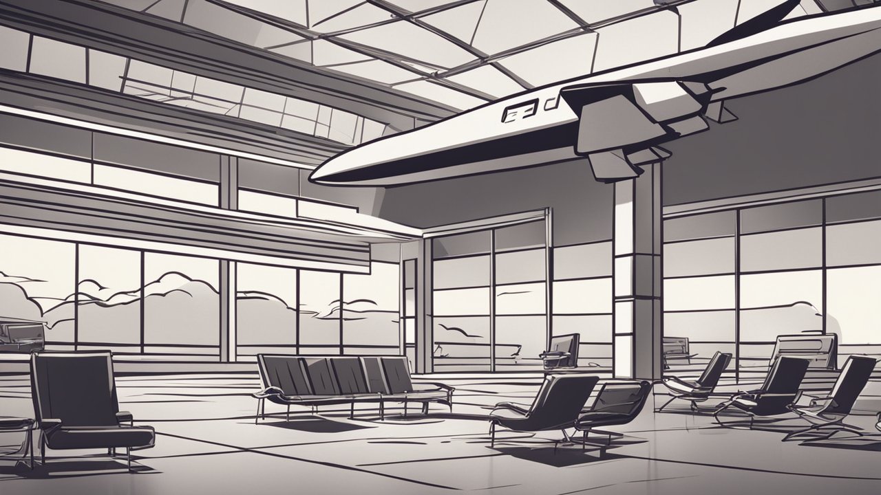 Comic Style Airport Waiting Area with Airplane Model