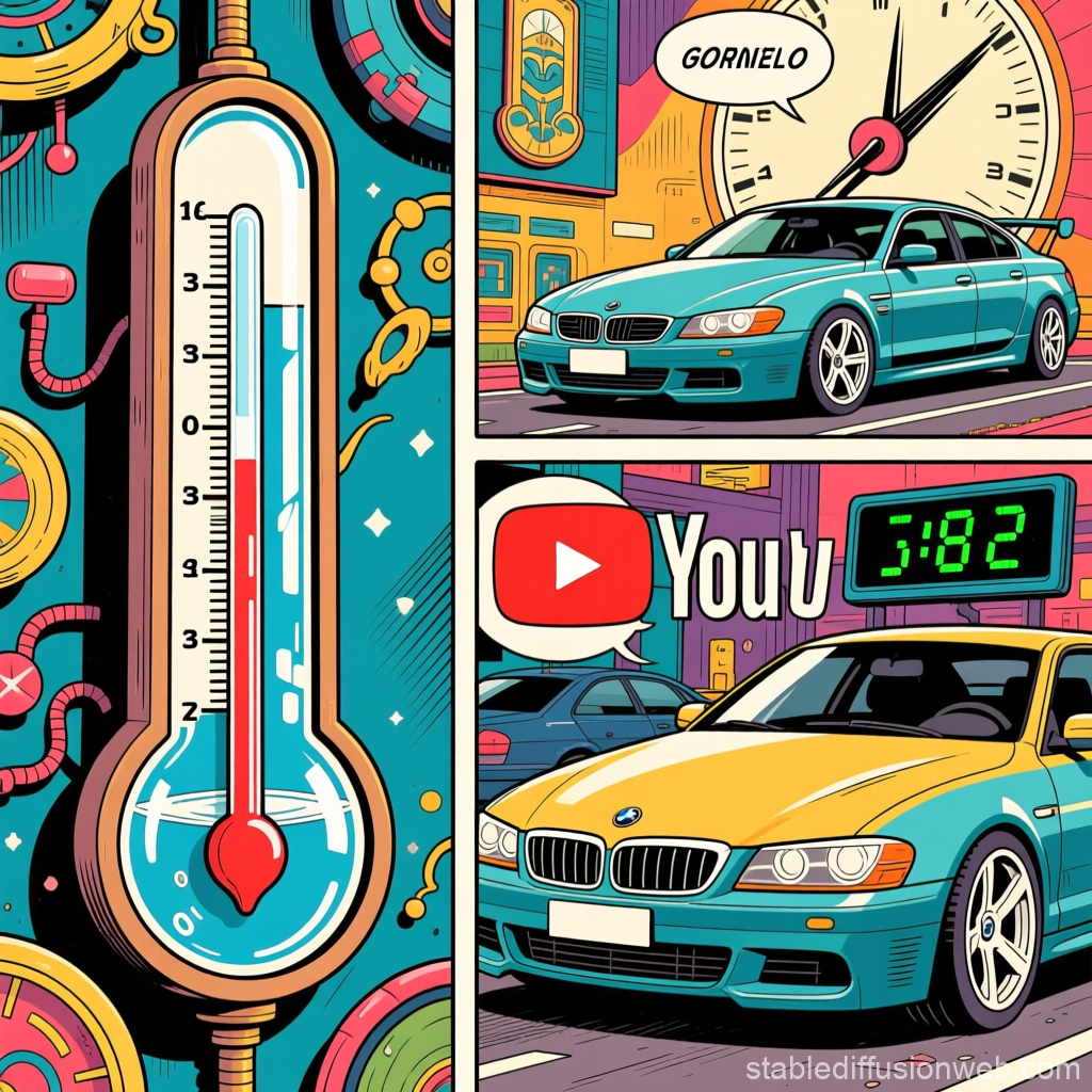 Comic Style Illustration Featuring Thermometer and BMW Cars