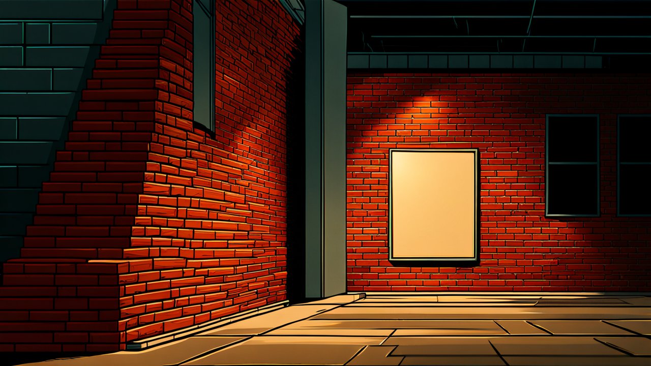 Comic Style Interior with Red Brick Walls and Spotlight