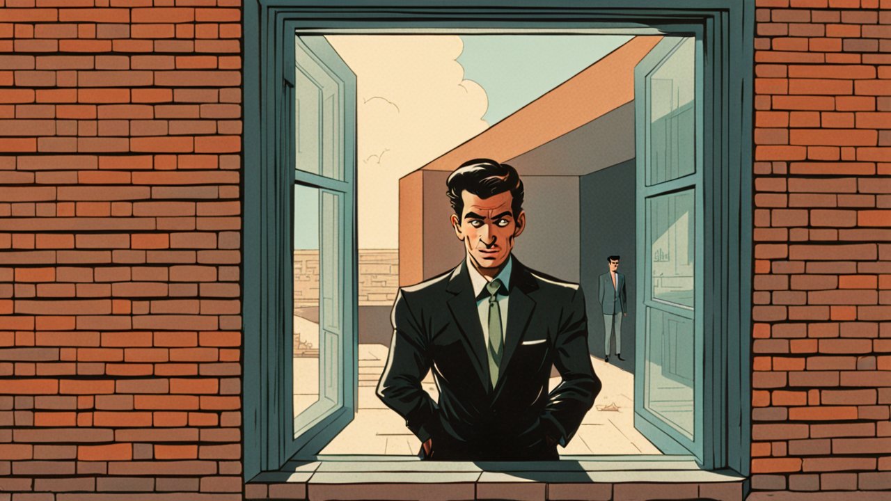 Comic Style Man in Suit Looking Through Open Window