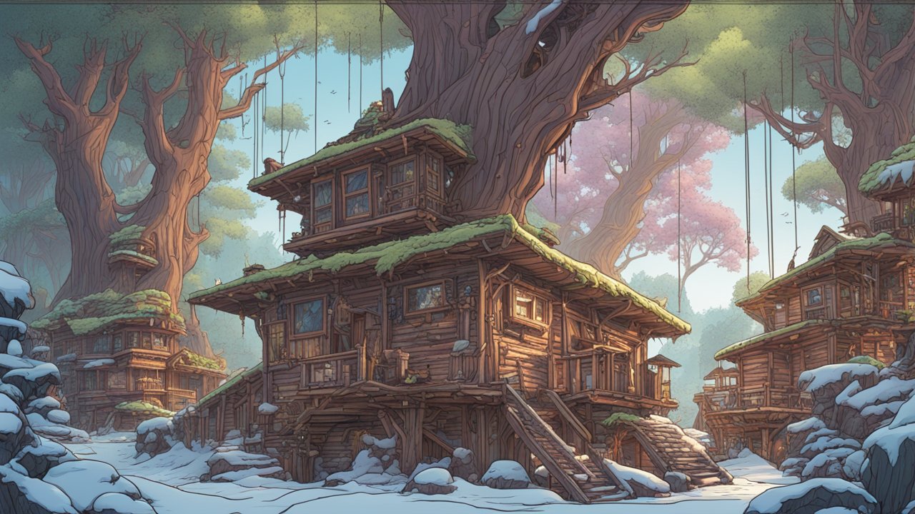 Comic Style Wooden Houses in a Snowy Forest