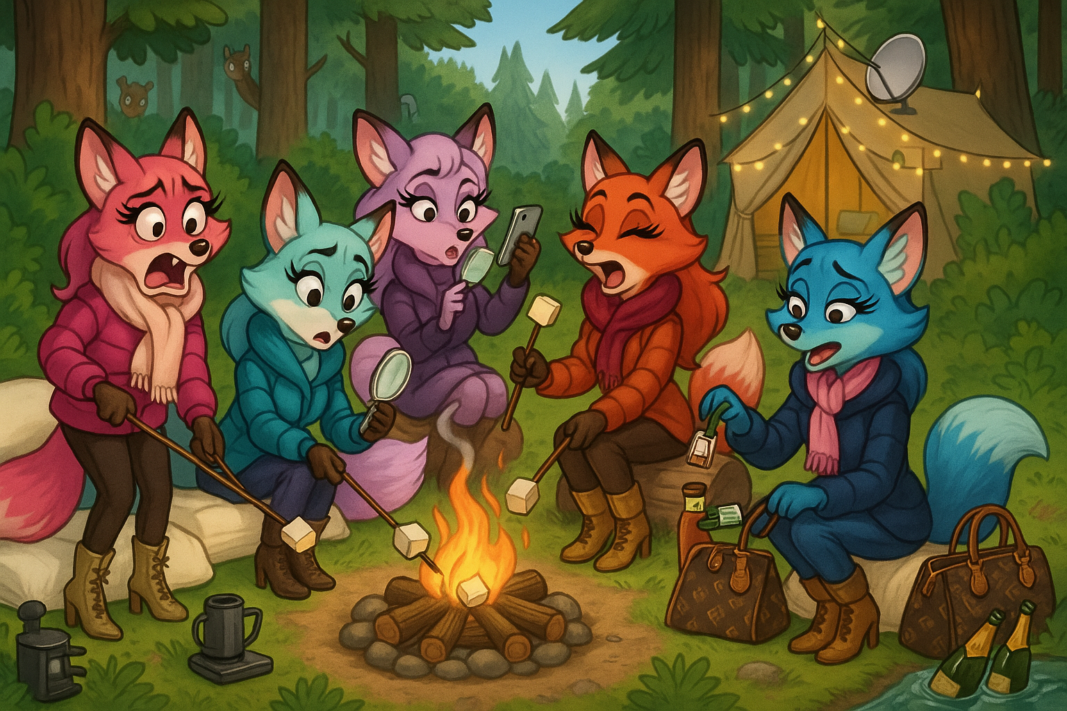 Comical Woodland Foxes Roasting Marshmallows at Campfire