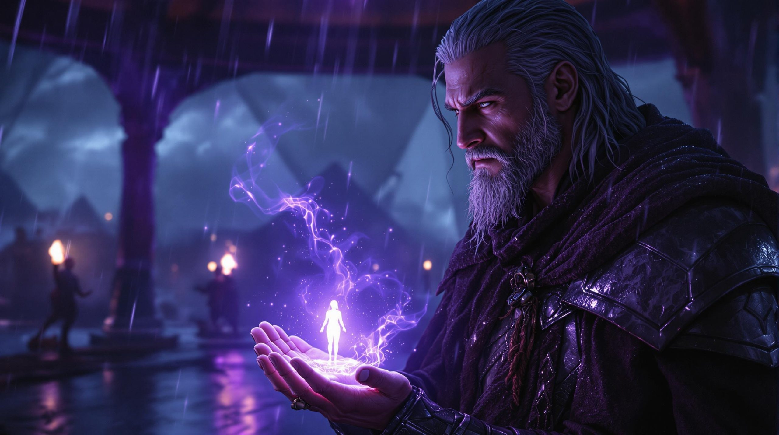 Commanding Man Summoning a Glowing Figure in Rainy Night