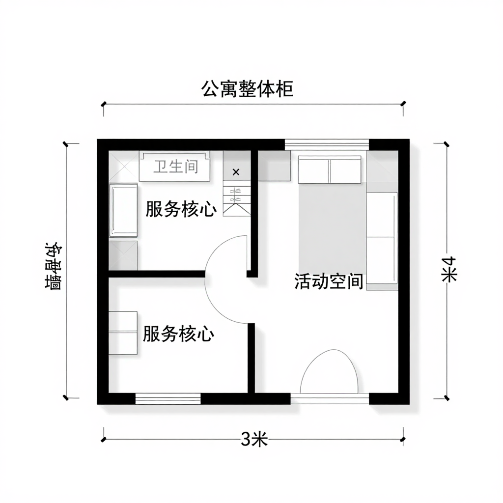 Compact Apartment Layout with Service Core and Activity Space
