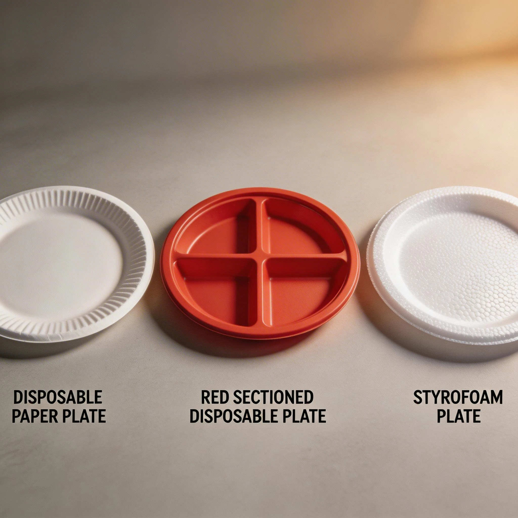 Comparison of Disposable Plates: Paper, Red Sectioned, and Styrofoam