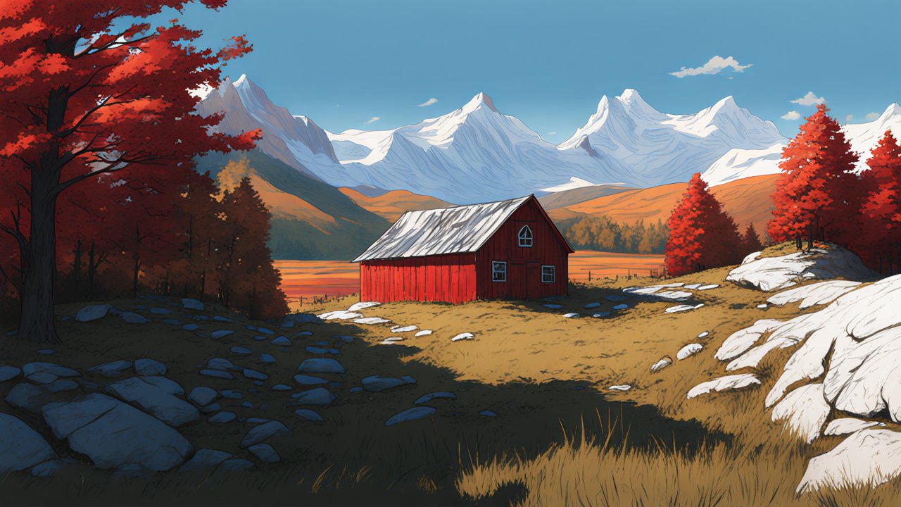 Concept Art of a Red Barn in Autumn Mountain Landscape