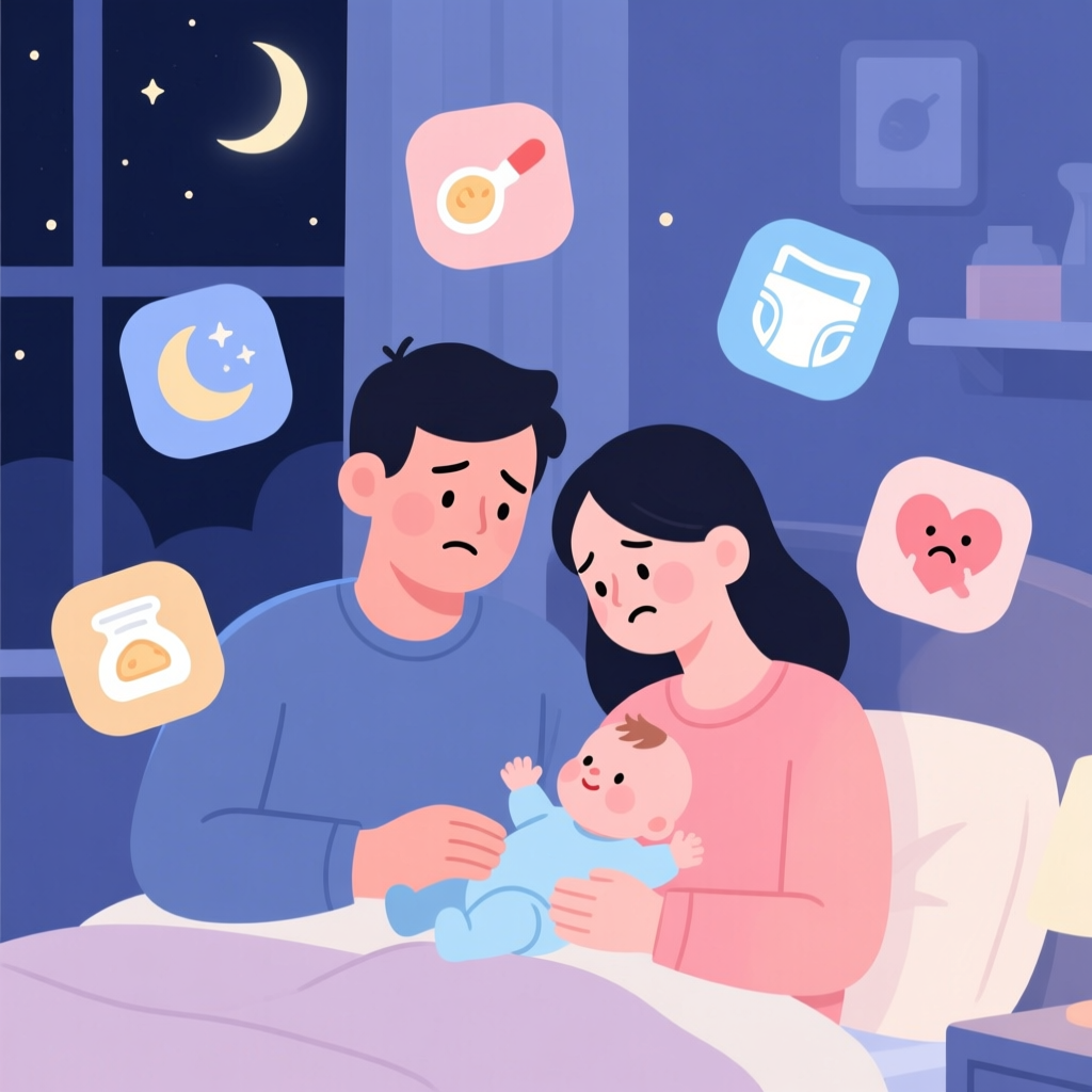 Concerned Parents Caring for Baby at Night