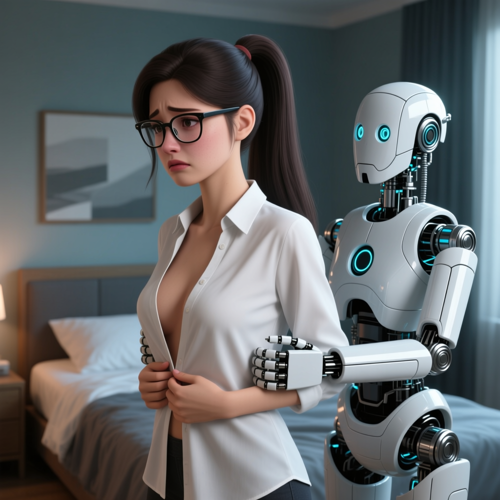 Concerned Woman Assisted by Futuristic Robot in Bedroom