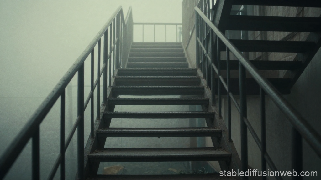 Concrete Staircase Emerging Through Dense Fog