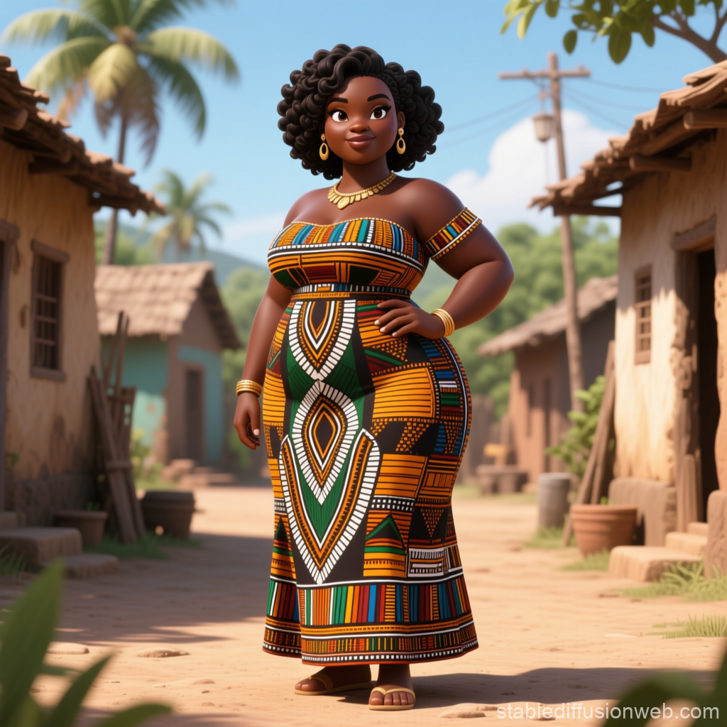 Confident African Woman in Traditional Dress in Village