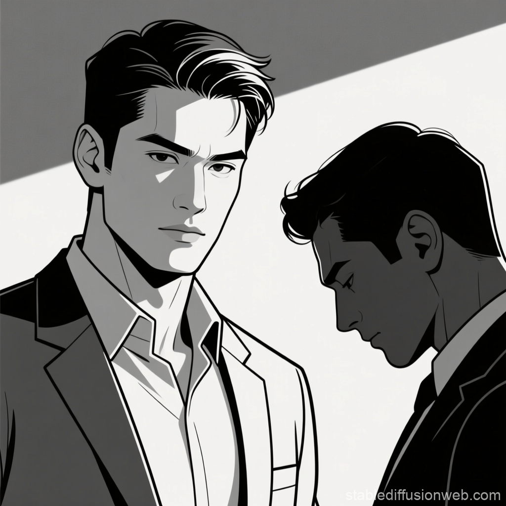 Confident and Submissive Men in Black and White Illustration