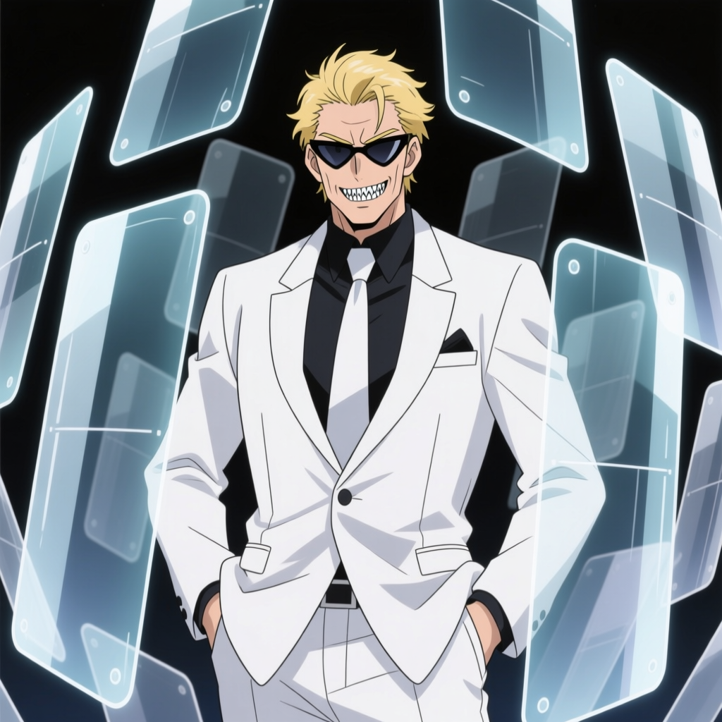 Confident Anime Agent in White Suit with Floating Transparent Screens