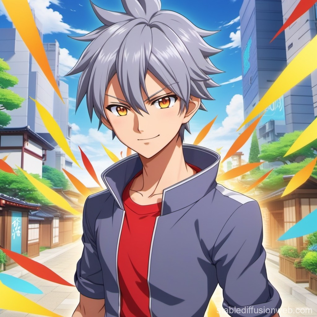 Confident Anime Boy with Silver Hair in Urban Setting