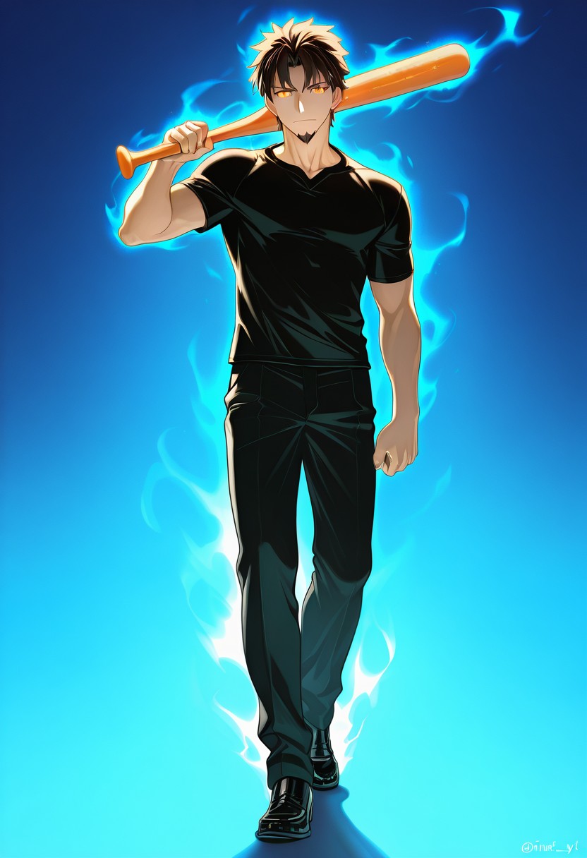 Confident Anime Character with Baseball Bat and Blue Aura