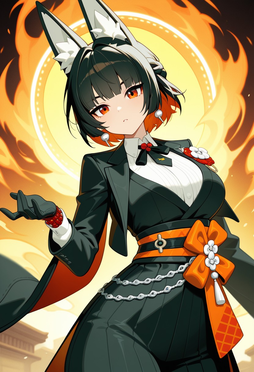 Confident Anime Character with Fox Ears and Fiery Halo
