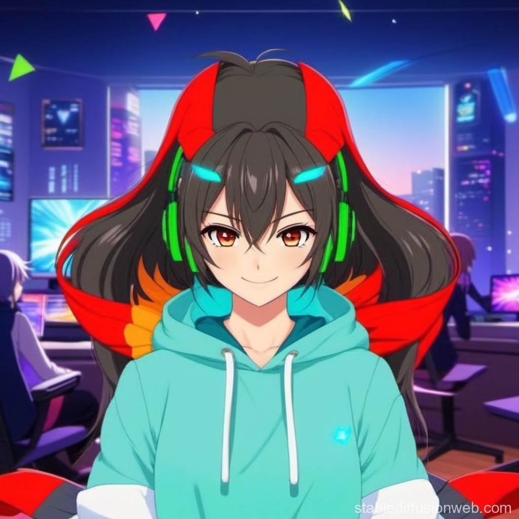 Confident Anime Gamer with Red Headphones in Cyber Gaming Room