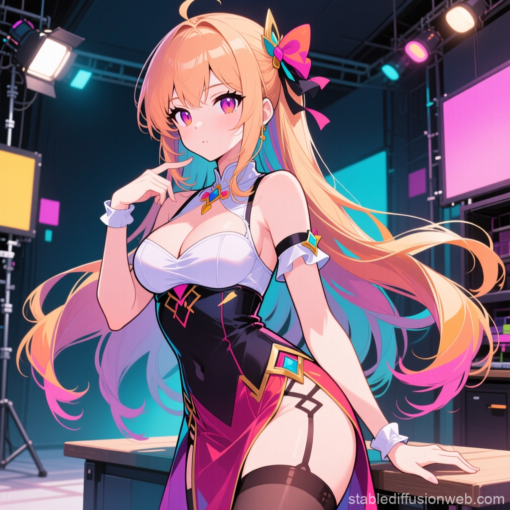 Confident Anime Girl in Colorful Studio Setting