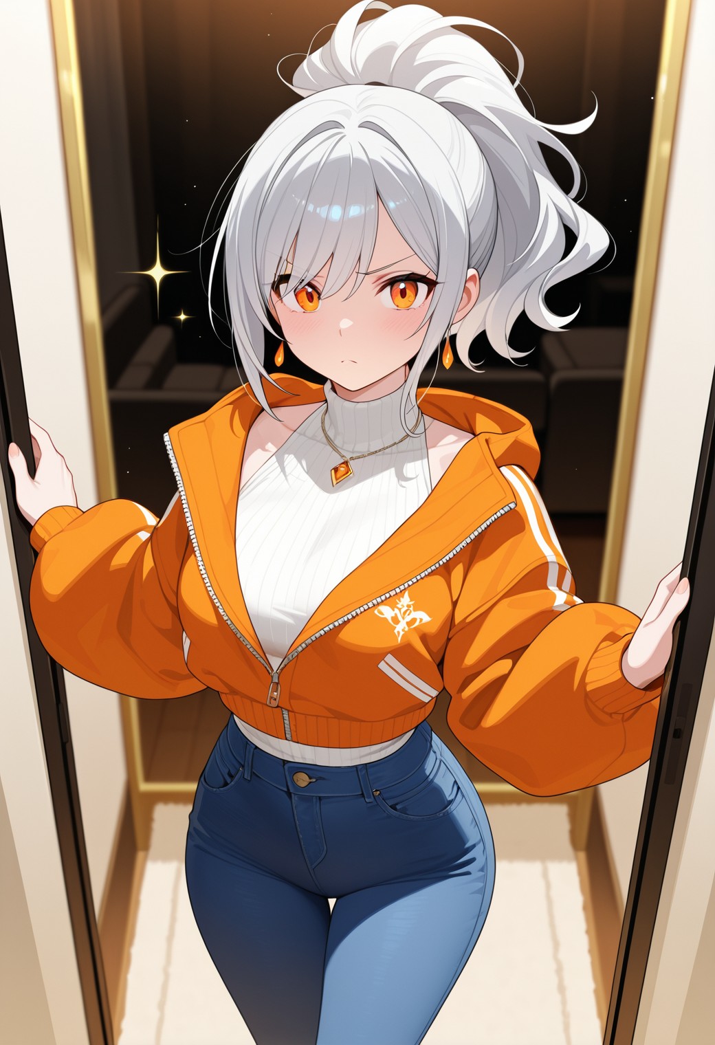 Confident Anime Girl in Orange Jacket