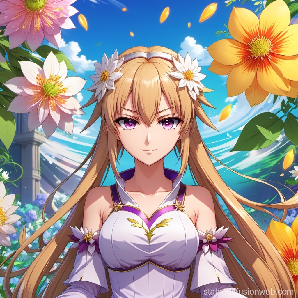 Confident Anime Girl Surrounded by Vibrant Flowers