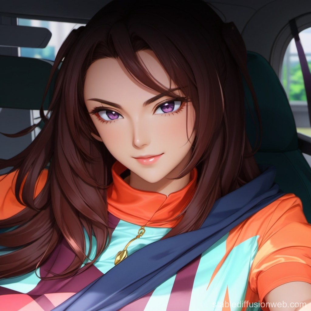 Confident Anime Girl with Purple Eyes in Colorful Outfit