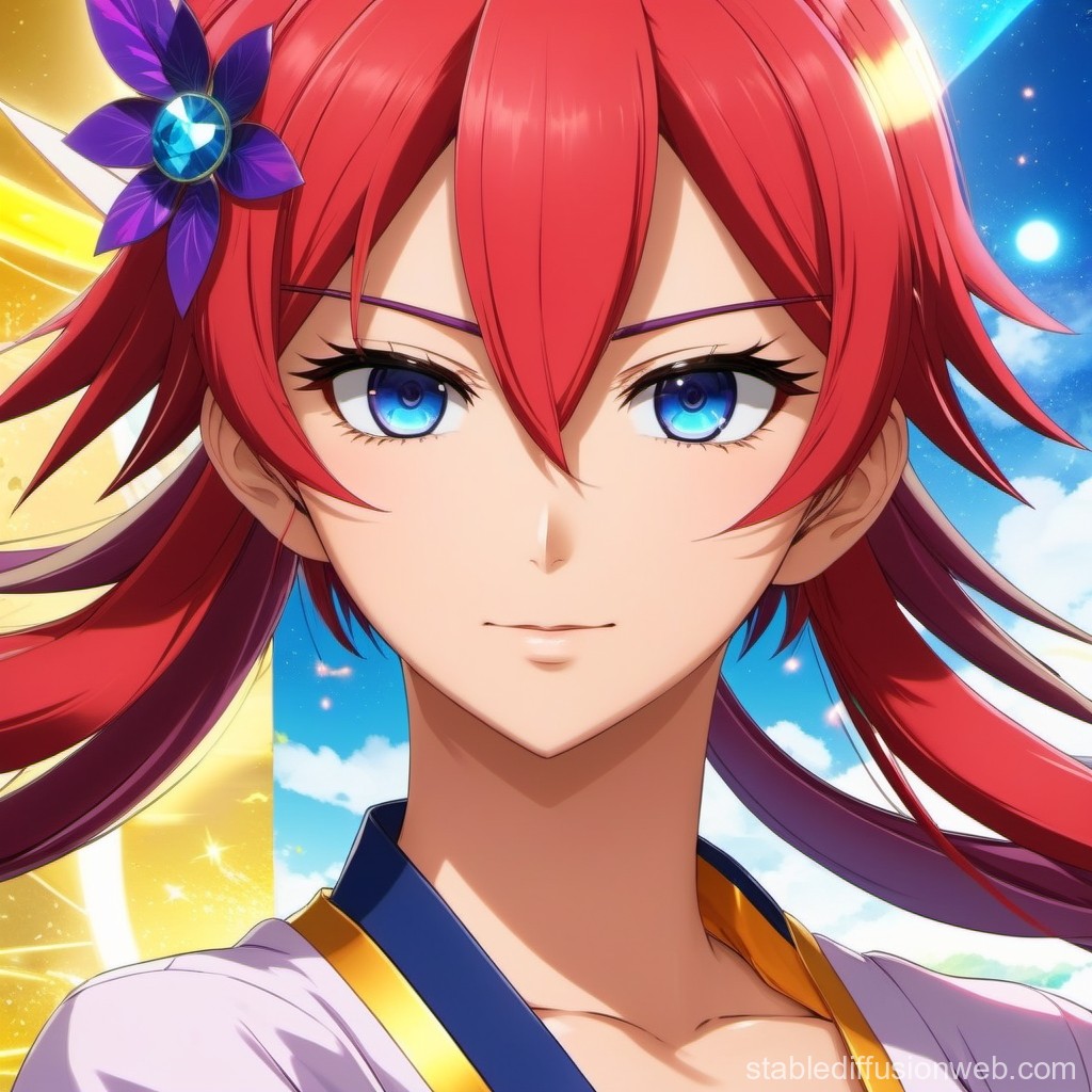 Confident Anime Girl with Red Hair and Blue Eyes